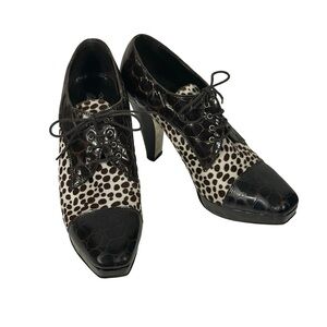 Donald Pliner Haiden Embossed Leather Spotted Calf Hair Oxford Heel Shoes Sz 7.5